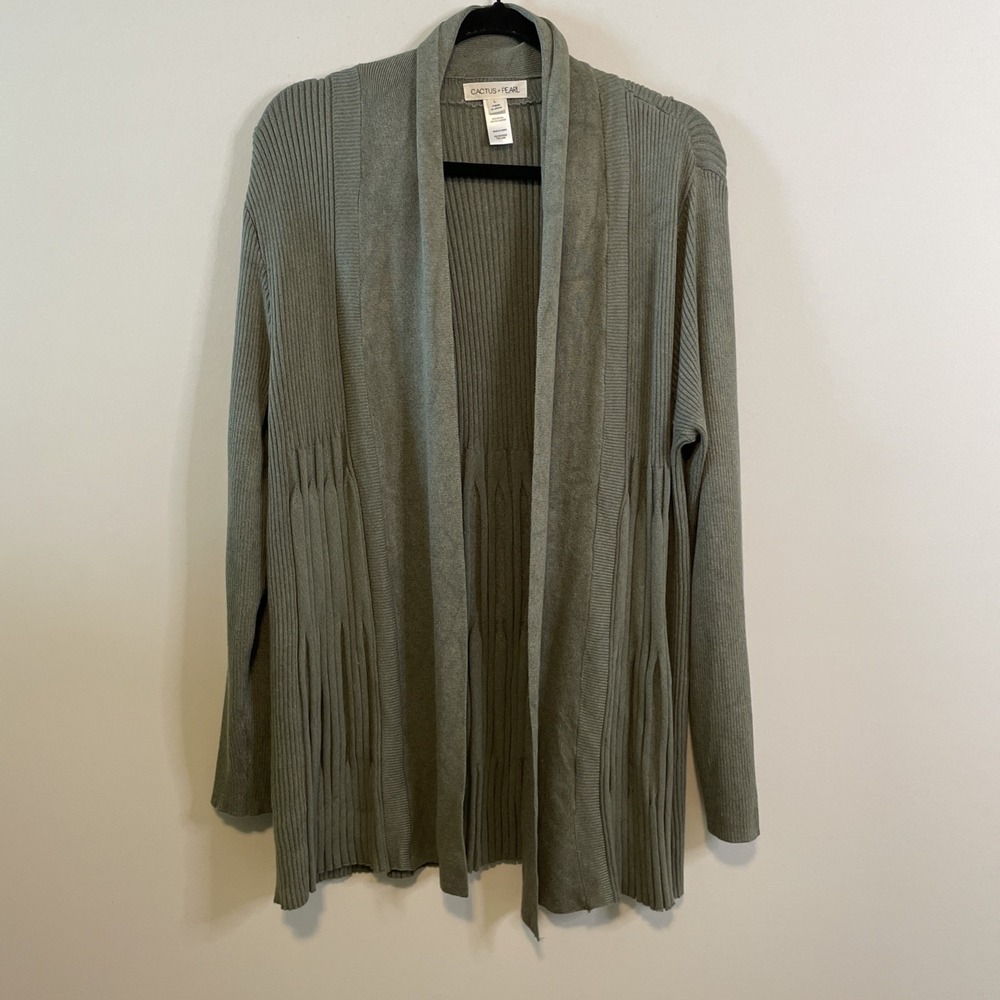 Cactus + Pearl L Sage Green Open Front Cardigan Ribbed‎ Knit Long Sleeve
